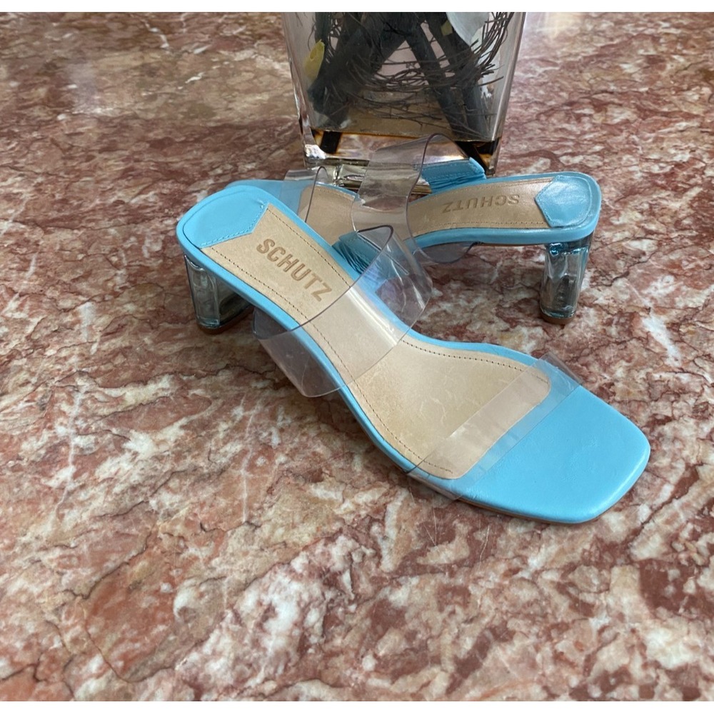New Schutz Ariella Clear Strap Blue Leather Transparent Heel Sandals Sz 6B $128